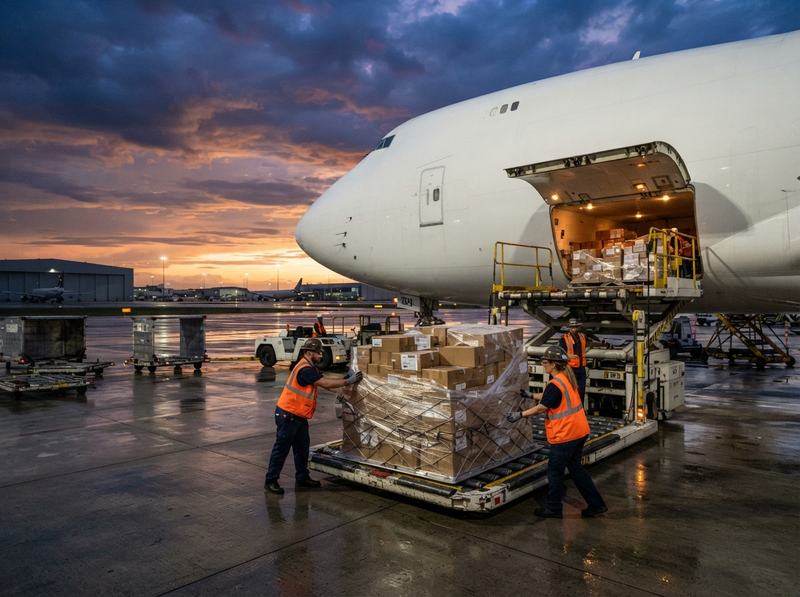 Personal de pista cargando cajas en un avión de carga al atardecer
