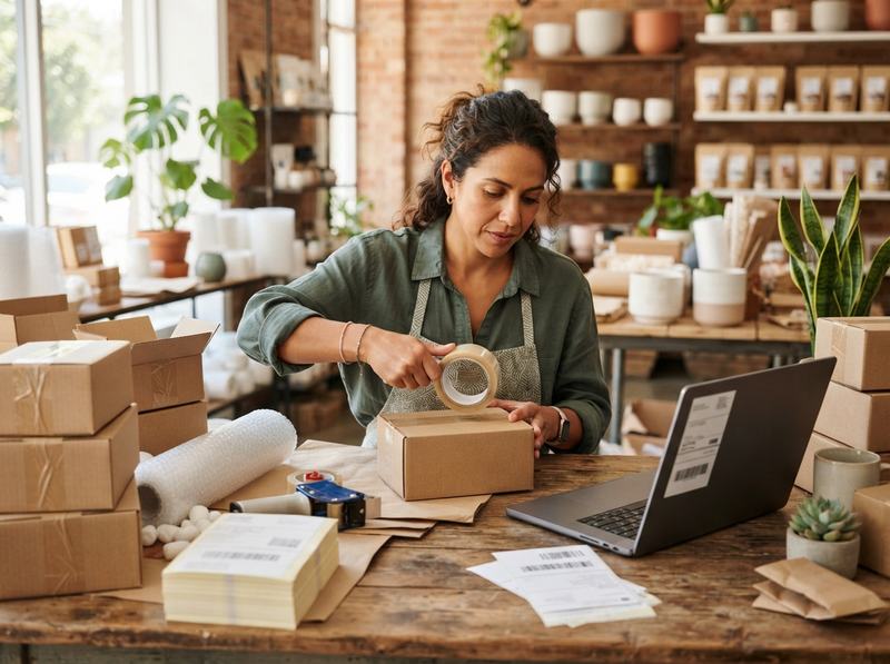 Emprendedora empacando cajas para enviar junto a su computador