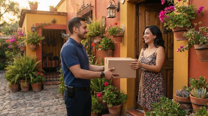 Mensajero entregando una caja a una mujer sonriente en la puerta de su casa