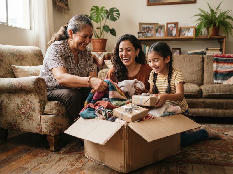 Abuela, madre e hija abriendo felices una caja recibida desde Estados Unidos