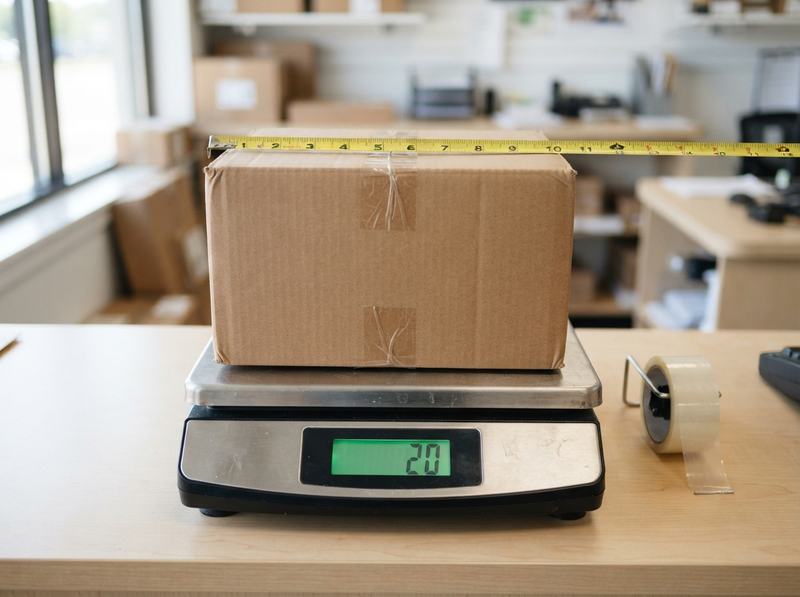 Caja de cartón sobre una báscula con una cinta métrica